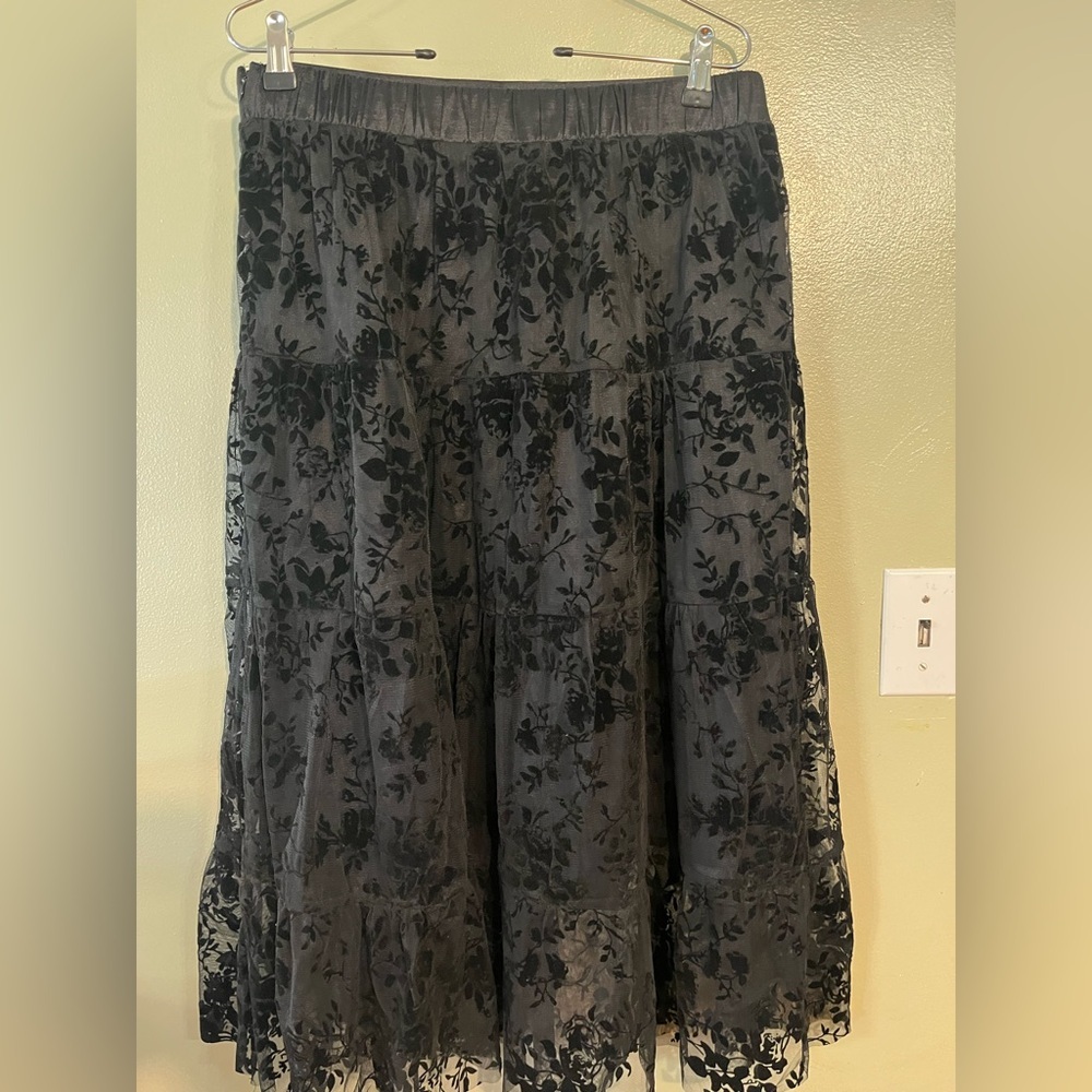 Gibson look Burnout Velvet Tired Goth Whimsical Lace Skirt Lined Midi L - Picture 2 of 13